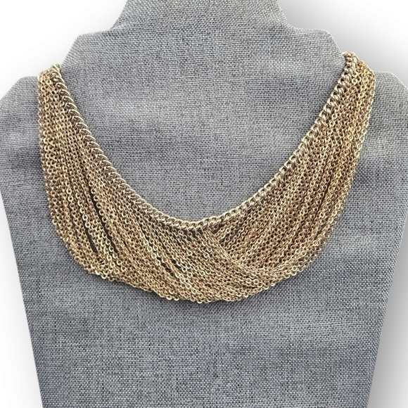 Vintage Jewelry - Vintage Cascading Chain Bib Necklace Gold Plated Multichain Choker 14.5" Long